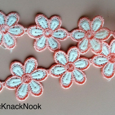 Coral And White Floral Embroidery Lace Trim. Approx. 36mm Wide - 200317L145